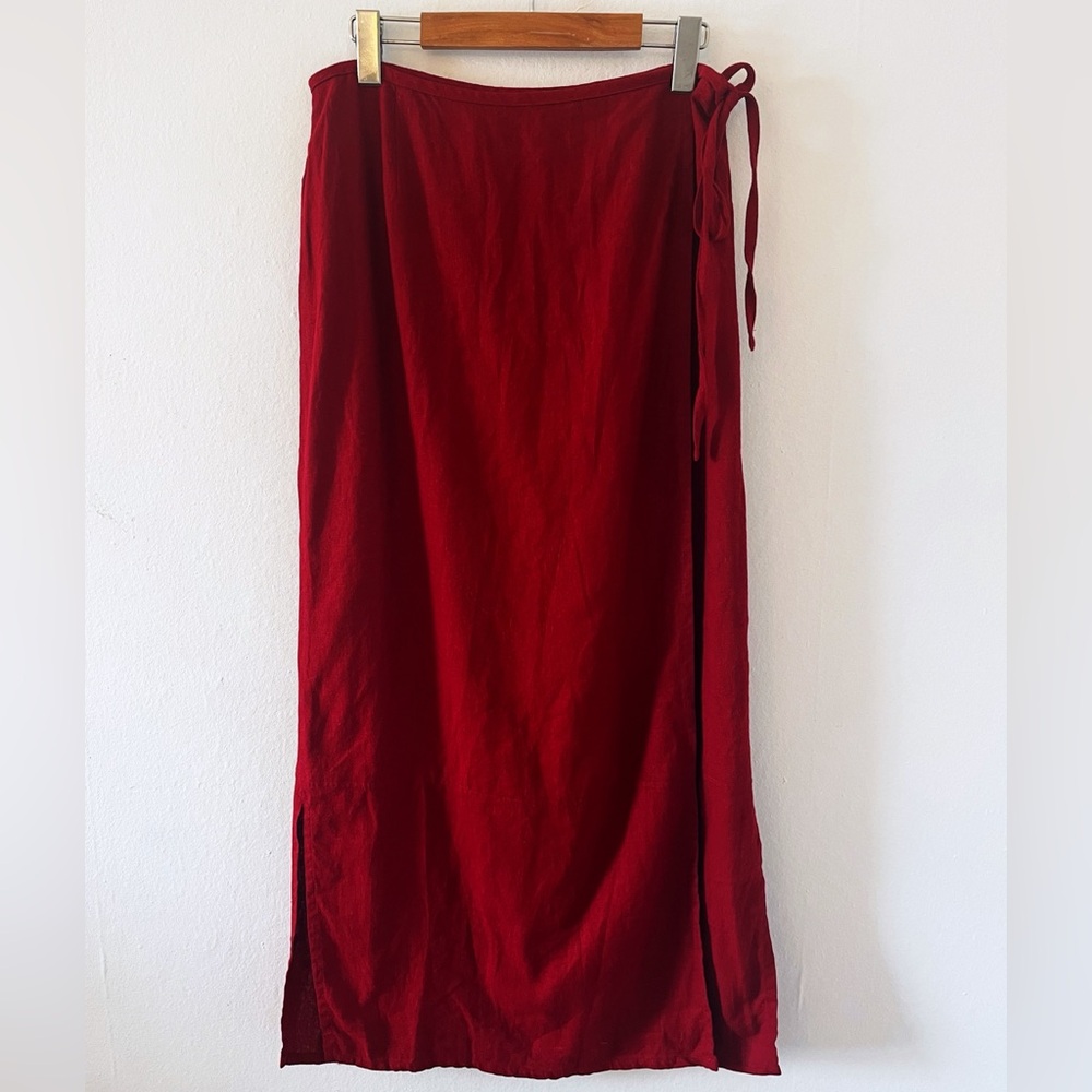 Linen-Blend Wrap Midi Skirt | Cranberry Red | Jessica | Size 10 | Tie-front